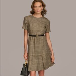 Donna Karan Tan Plaid Mini Dress with Belt-Never worn